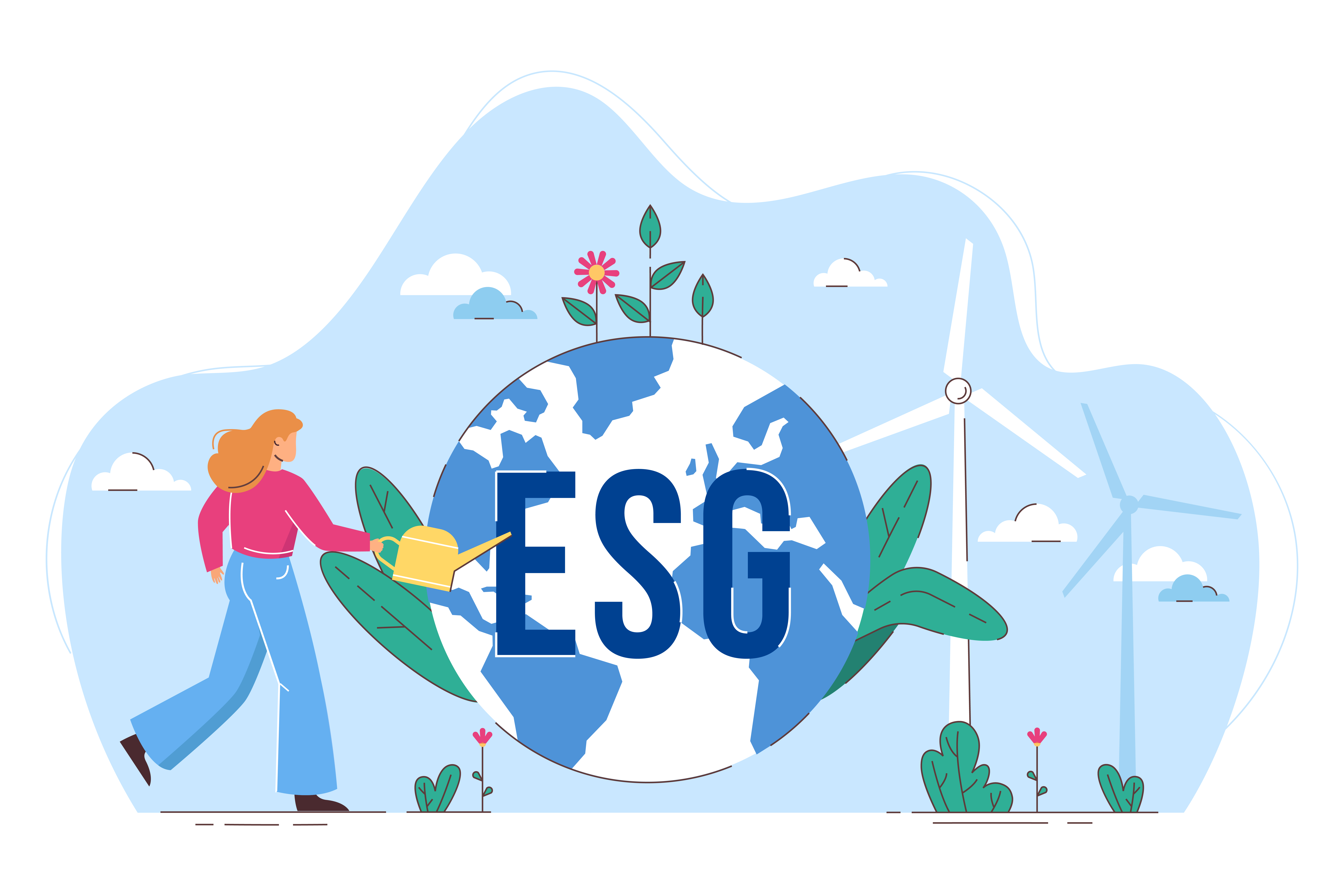 Flat ESG concept of environmental and sustainability in business. Woman watering globe with flowers, saving Earth. Girl care of planet and nature. Environment, ecology and nature protection.